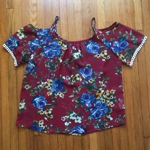 Sheer Flower Print Top W/Shoulder Cut Outs